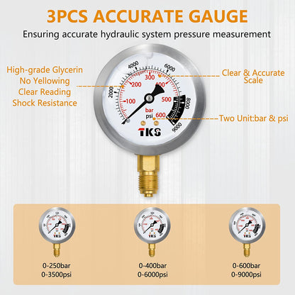 Kit de prueba de presión hidráulica, 600 bar, 8700 psi, 60 mpa, 3 calibres, 12 conectores en T, 3 mangueras de prueba, kit de medidor hidráulico, estuche de transporte resistente para excavadoras, maquinaria de construcción, barcos, minas