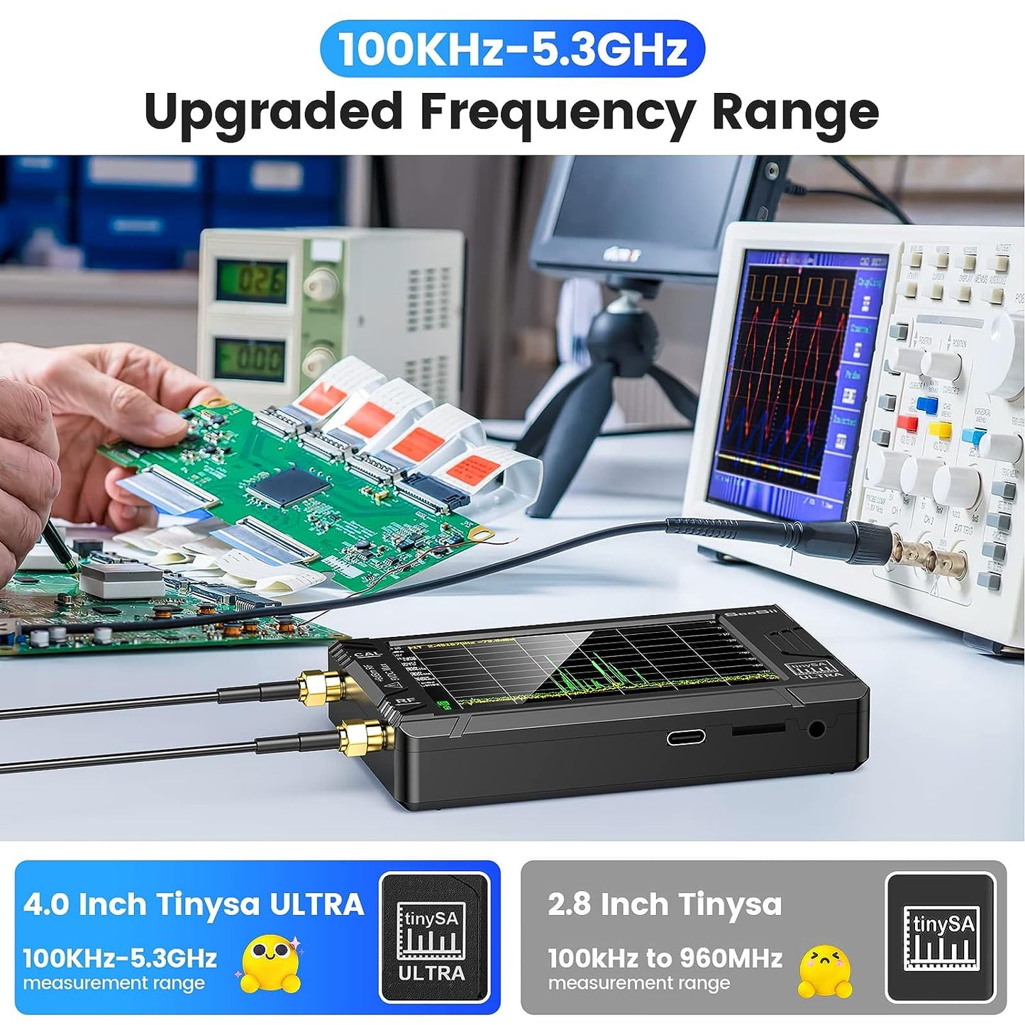 Analizador de ultra espectro TinySA actualizado 2023 con atenuador de 25 W, SeeSii 4.0 pulgadas, 100 kHz a 5.3 GHz, analizador de frecuencia pequeña portátil con tarjeta de 32 GB, entrada UHF de 100 kHz a 800 MHz MF/HF/VHF