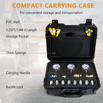 Kit de prueba de presión hidráulica, 600 bar, 8700 psi, 60 mpa, 3 calibres, 12 conectores en T, 3 mangueras de prueba, kit de medidor hidráulico, estuche de transporte resistente para excavadoras, maquinaria de construcción, barcos, minas