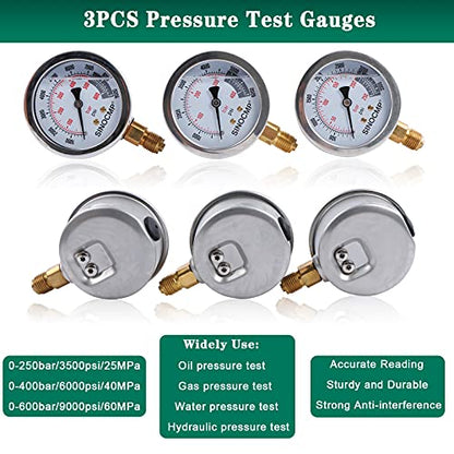 SINOCMP - Kit de manómetro hidráulico de versión actualizada, 25/40/60 MPa 3 manómetro 6 acoplamiento de prueba, 3 mangueras de prueba, 1 estuche de almacenamiento, kit de prueba de presión hidráulica para maquinaria de construcción de excavadoras