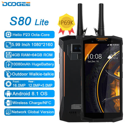 IP68/IP69K Walkie talkie DOOGEE S80 Lite Mobile Phone Wireless Charge NFC 10080mAh 12V2A  5.99 FHD Helio P23 Octa Core 4GB 64GB