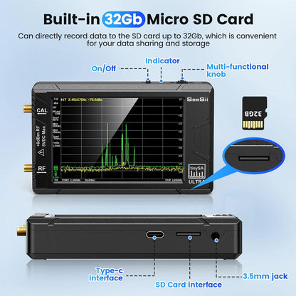 Analizador de ultra espectro TinySA actualizado 2023 con atenuador de 25 W, SeeSii 4.0 pulgadas, 100 kHz a 5.3 GHz, analizador de frecuencia pequeña portátil con tarjeta de 32 GB, entrada UHF de 100 kHz a 800 MHz MF/HF/VHF