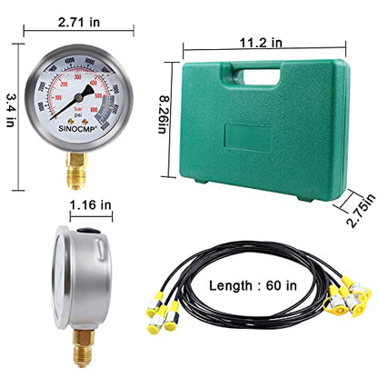 SINOCMP - Kit de manómetro hidráulico de versión actualizada, 25/40/60 MPa 3 manómetro 6 acoplamiento de prueba, 3 mangueras de prueba, 1 estuche de almacenamiento, kit de prueba de presión hidráulica para maquinaria de construcción de excavadoras