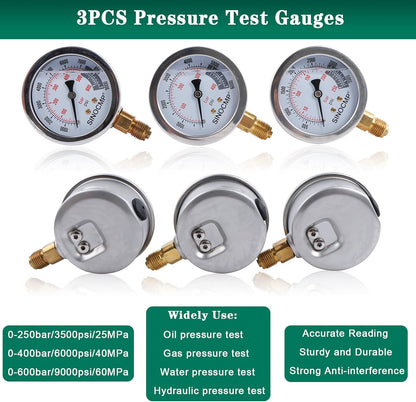 SINOCMP - Kit de manómetro hidráulico de versión actualizada, 25/40/60 MPa 3 manómetro 6 acoplamiento de prueba, 3 mangueras de prueba, 1 estuche de almacenamiento, kit de prueba de presión hidráulica para maquinaria de construcción de excavadoras