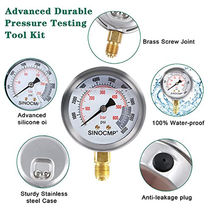 SINOCMP - Kit de manómetro hidráulico de versión actualizada, 25/40/60 MPa 3 manómetro 6 acoplamiento de prueba, 3 mangueras de prueba, 1 estuche de almacenamiento, kit de prueba de presión hidráulica para maquinaria de construcción de excavadoras
