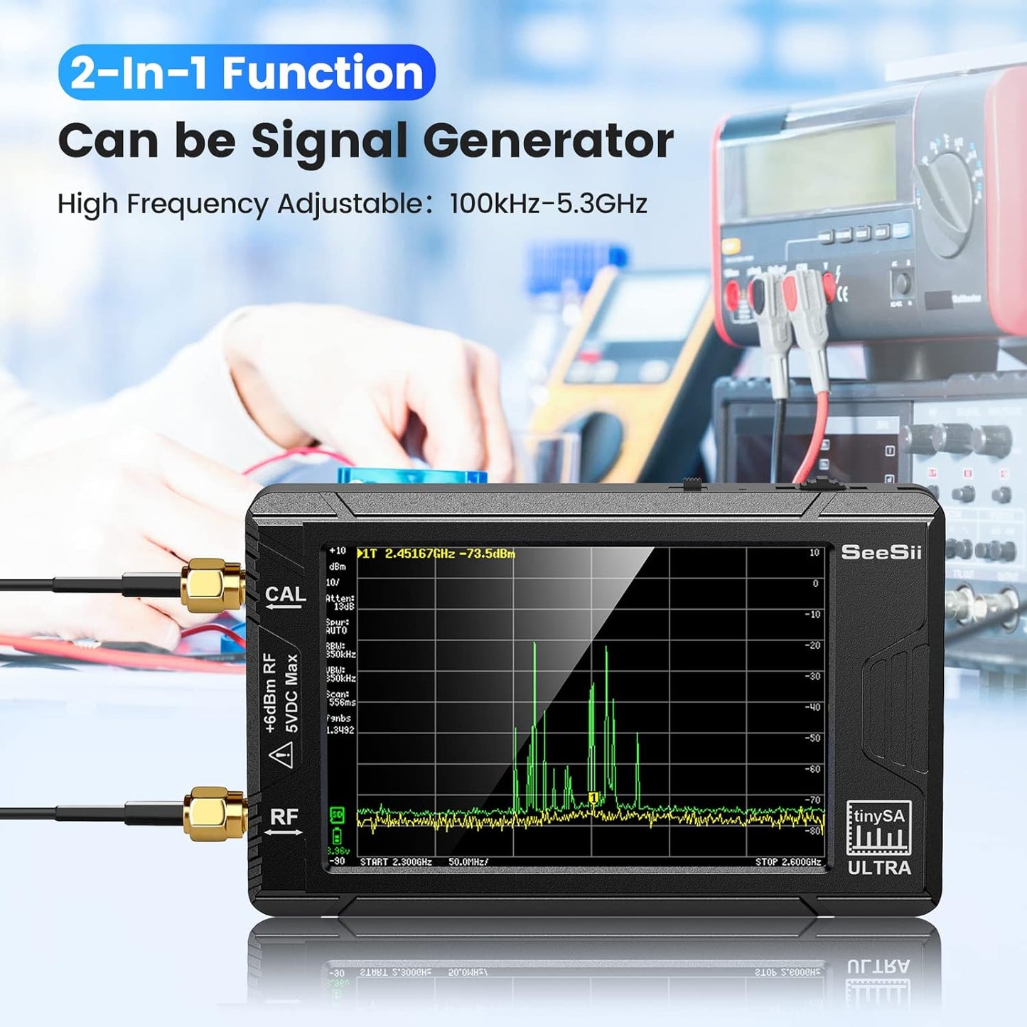 Analizador de ultra espectro TinySA actualizado 2023 con atenuador de 25 W, SeeSii 4.0 pulgadas, 100 kHz a 5.3 GHz, analizador de frecuencia pequeña portátil con tarjeta de 32 GB, entrada UHF de 100 kHz a 800 MHz MF/HF/VHF