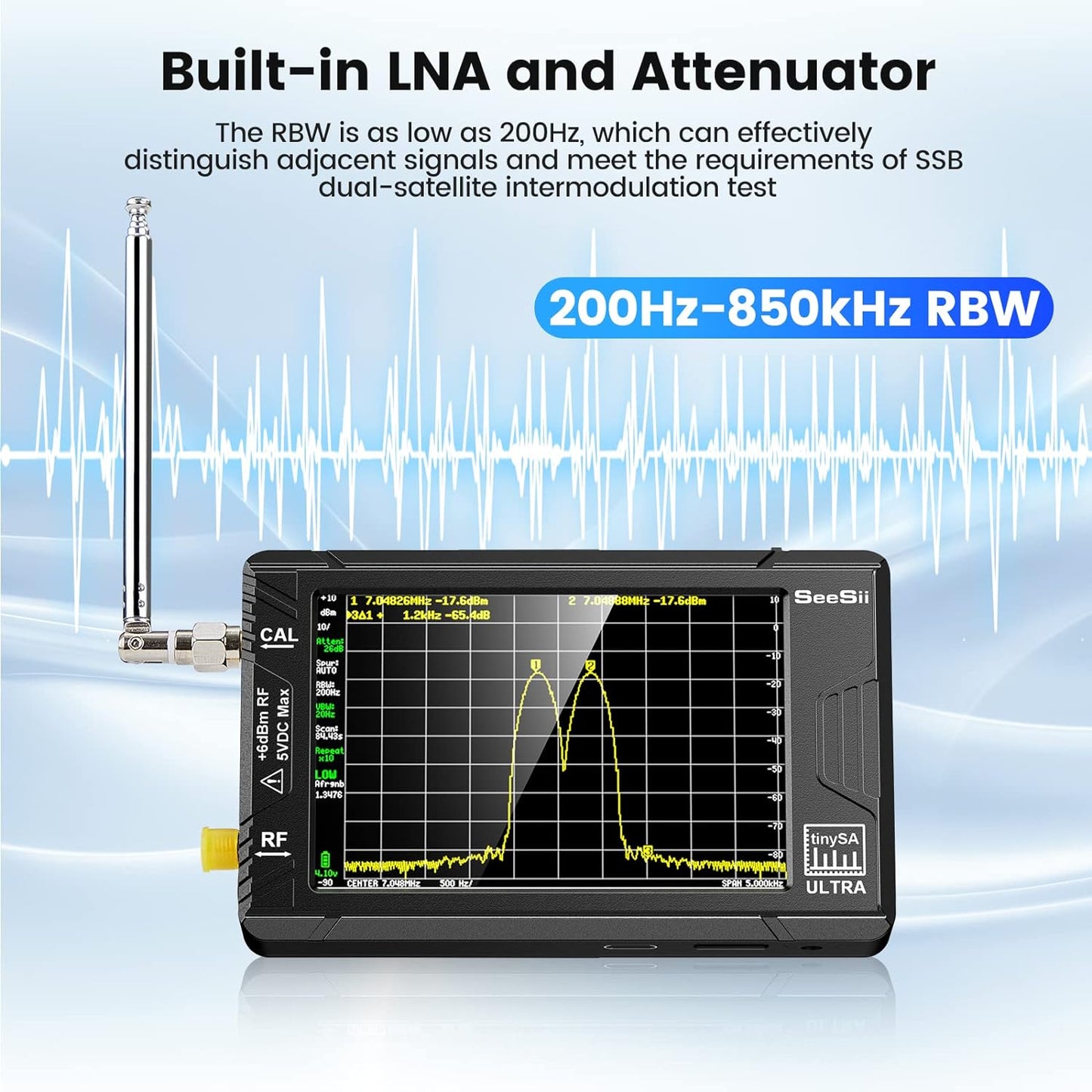 Analizador de ultra espectro TinySA actualizado 2023 con atenuador de 25 W, SeeSii 4.0 pulgadas, 100 kHz a 5.3 GHz, analizador de frecuencia pequeña portátil con tarjeta de 32 GB, entrada UHF de 100 kHz a 800 MHz MF/HF/VHF