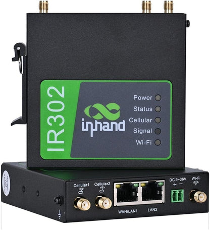 InHand Networks IR302 Router celular industrial IoT 4G LTE VPN, LTE Cat 4+ Wi-Fi, ranuras para tarjetas SIM duales, gestión por plataforma en la nube, puerto DI/DO, soporte T-Mobile, AT&T y Verizon, certificación UL